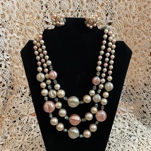 Vintage three tiered pink and cream walnut bead necklace with matching earrings
